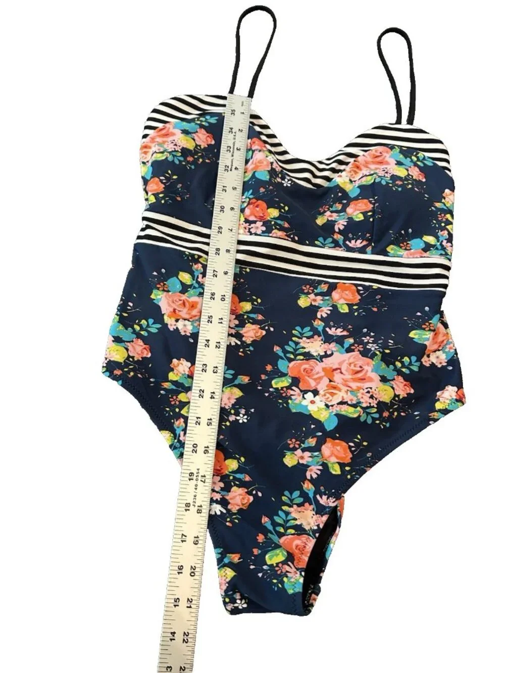 Cupshe One Piece Swimsuit‎ L Floral Stripe Navy Pink Padded Adjustable Straps